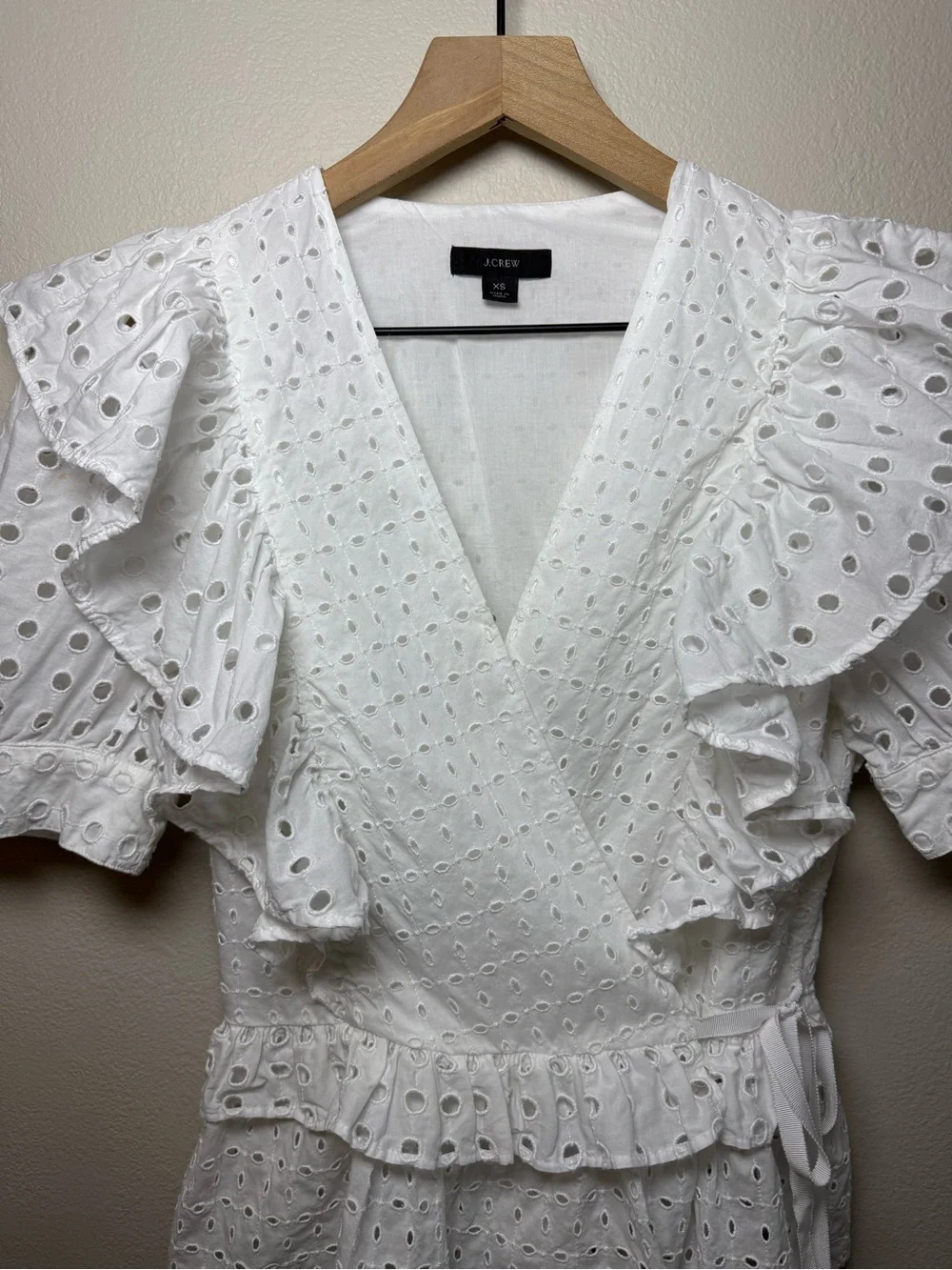 J Crew White Eyelet Ruffle Wrap Blouse Cotton Cottagecore Shirt AW838 Girly XS